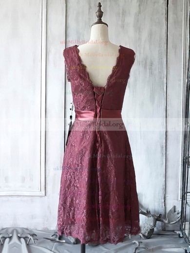 Knee-length V-neck Burgundy Lace Sashes / Ribbons Lace-up Mother of the Bride Dresses #UKM01021622