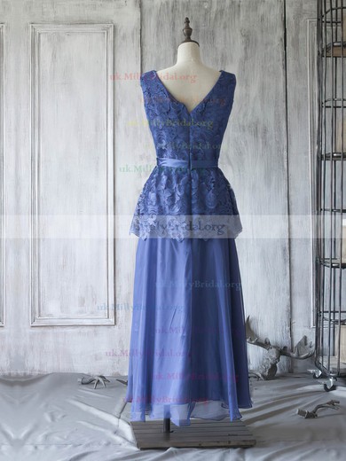 Ankle-length Scoop Neck Royal Blue Lace Chiffon Sashes / Ribbons Mother of the Bride Dress #UKM01021623