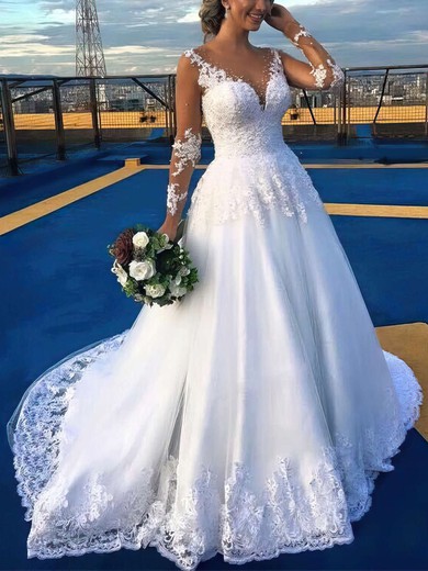 Beautiful A-line Scoop Neck Tulle Appliques Lace Court Train Long Sleeve Wedding Dresses #UKM00022701