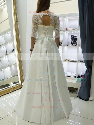 Elegant A-line Scalloped Neck Satin Lace Sashes / Ribbons Floor-length 1/2 Sleeve Wedding Dresses #UKM00022688