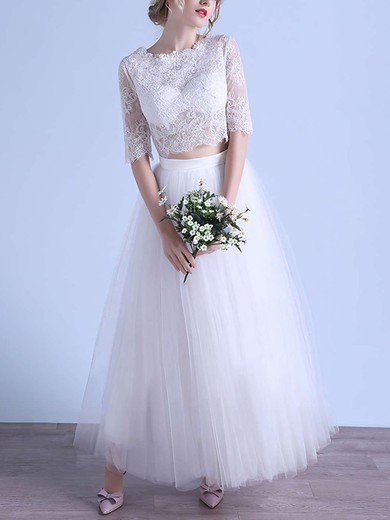 Exclusive A-line Scoop Neck Tulle Appliques Lace Ankle-length 1/2 Sleeve Two Piece Wedding Dresses #UKM00022679