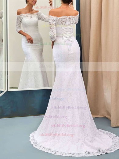 Trumpet/Mermaid Off-the-shoulder Lace Sweep Train 3/4 Sleeve Top Wedding Dresses #UKM00022733