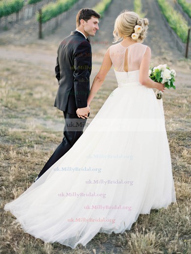 A-line Scoop Neck Tulle Appliques Lace Detachable Popular Wedding Dresses #UKM00022638