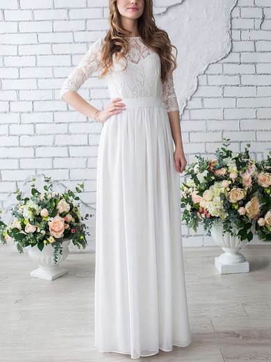 Trendy A-line Scoop Neck Chiffon Lace Floor-length 1/2 Sleeve Wedding Dresses #UKM00022633