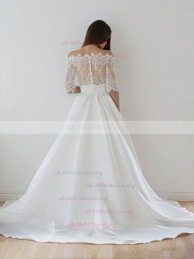 Two Piece A-line Off-the-shoulder Lace Taffeta Appliques Lace Court Train 1/2 Sleeve Unique Wedding Dresses #UKM00022626