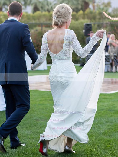 Fashion Trumpet/Mermaid Scoop Neck Lace Chiffon Appliques Lace Sweep Train Long Sleeve Backless Wedding Dresses #UKM00022766