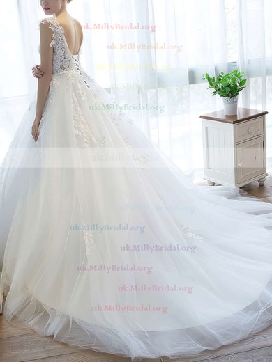 Ball Gown V-neck Tulle Appliques Lace Court Train Backless Fabulous Wedding Dresses #UKM00022757