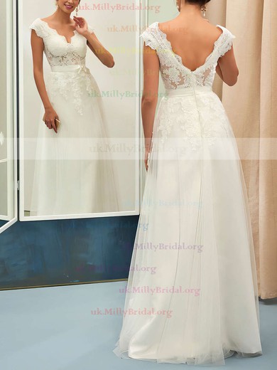 Nice A-line V-neck Tulle with Appliques Lace Floor-length Backless Wedding Dresses #UKM00022734