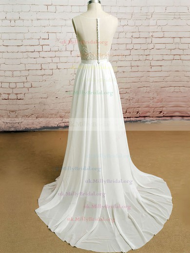 Pretty Scoop Neck Chiffon Tulle with Appliques Lace Ivory Wedding Dresses #UKM00020482