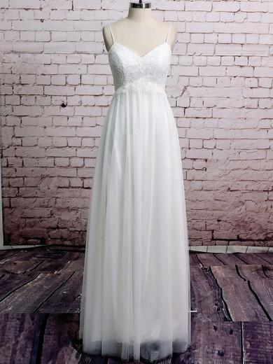 V-neck Spaghetti Straps White Tulle Appliques Lace Beautiful Empire Wedding Dresses #UKM00020485