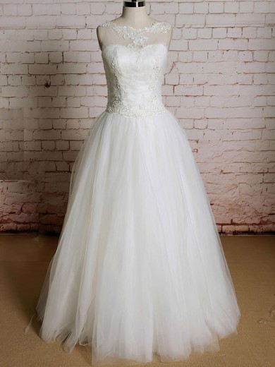 Ivory Tulle Scoop Neck with Appliques Lace Coolest Ball Gown Wedding Dress #UKM00020565