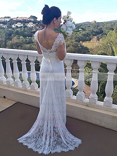 Famous Off-the-shoulder Ivory Sashes/Ribbons Watteau Train Lace Wedding Dresses #UKM00021460