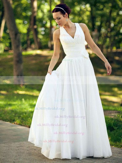 Ivory Chiffon with Flower(s) V-neck Floor-length Online Wedding Dresses #UKM00021463