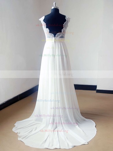 Nice Ivory Chiffon Lace Sweep Train Open Back V-neck Wedding Dress #UKM00021468