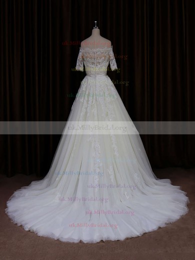 Short Sleeve Off-the-shoulder Ivory Tulle Beading Court Train Wedding Dress #UKM00021654