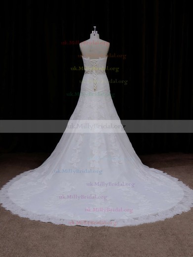Strapless Ivory Lace-up Tulle Appliques Lace Chapel Train Wedding Dress #UKM00021667