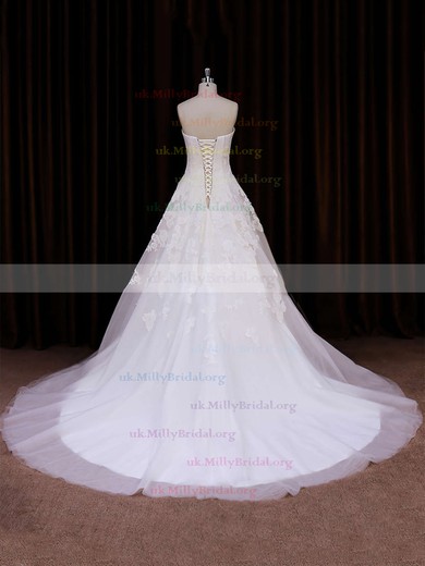 Ivory Tulle Ball Gown Lace-up Appliques Lace Chapel Train Wedding Dress #UKM00021785