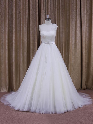 Elegant One Shoulder White Tulle Sashes/Ribbons Ball Gown Wedding Dress #UKM00021956