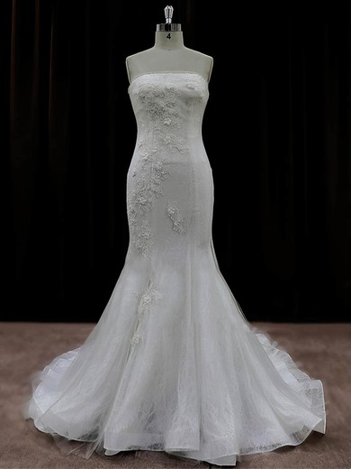 Fashion Tulle Appliques Lace Trumpet/Mermaid Ivory Strapless Wedding Dresses #UKM00022074