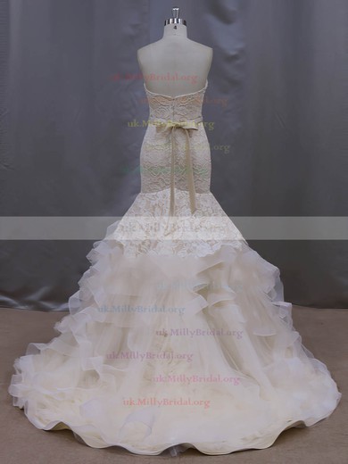 Champagne Court Train Tiered Lace Tulle Trumpet/Mermaid Classic Wedding Dresses #UKM00022086