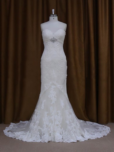 Modest Sweetheart Ivory Lace Tulle with Beading Trumpet/Mermaid Wedding Dresses #UKM00022091