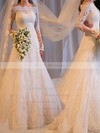 Off-the-shoulder Lace Tulle Sweep Train Appliques Lace Modest Long Sleeve Wedding Dresses #UKM00022499