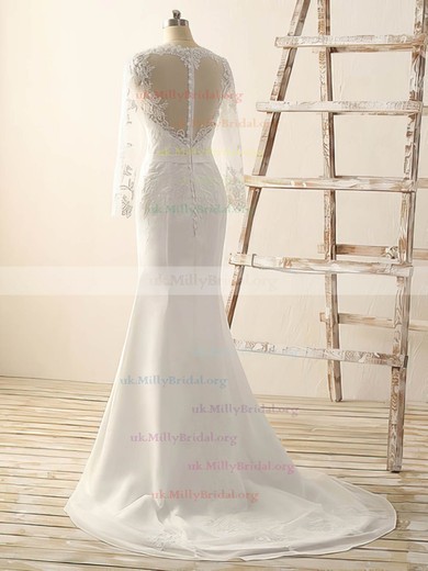 Boutique V-neck Chiffon Appliques Lace Long Sleeve Trumpet/Mermaid Wedding Dress #UKM00022515