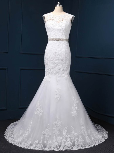 White Tulle Appliques Lace Sweep Train Latest Trumpet/Mermaid Wedding Dress #UKM00022519
