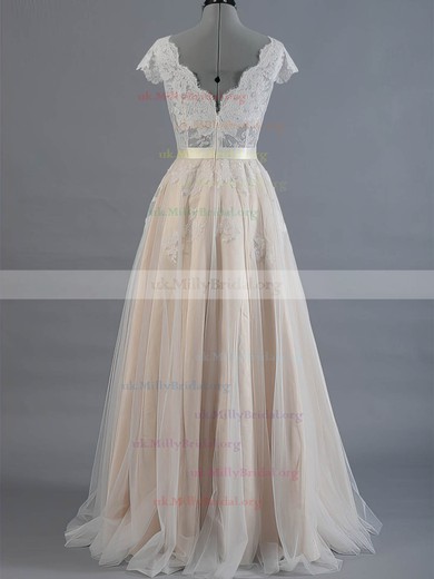 V-neck Champagne Tulle Appliques Lace Princess Short Sleeve Wedding Dress #UKM00022520