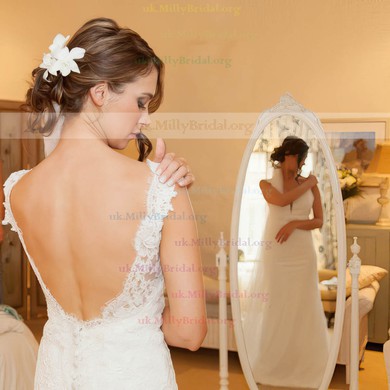 Classy Sheath/Column V-neck Tulle Appliques Lace Sweep Train Backless Wedding Dresses #UKM00022654