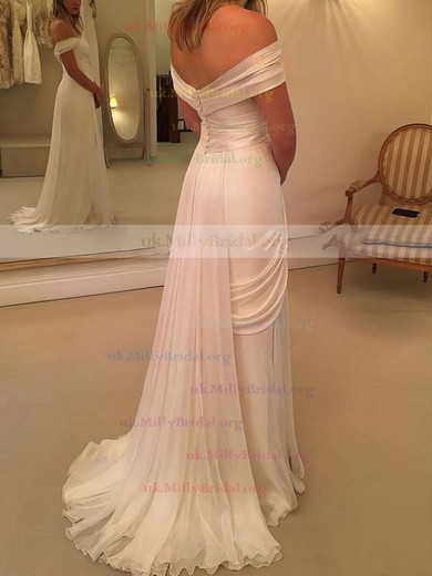 Fashion Sheath/Column Off-the-shoulder Chiffon Watteau Train Lace Backless Wedding Dresses #UKM00022548