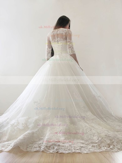 Princess Scoop Neck Tulle Court Train Appliques Lace 3/4 Sleeve Great Wedding Dresses #UKM00022569