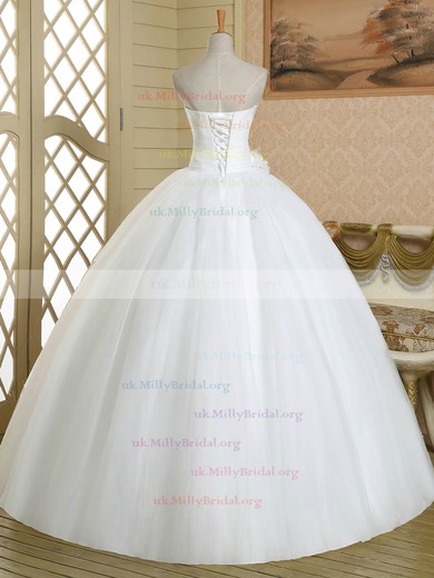 Noble Ball Gown Strapless Tulle Floor-length with Flower(s) White Wedding Dresses #UKM00022580