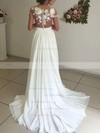 A-line Scoop Neck Chiffon Tulle Sweep Train Appliques Lace Short Sleeve Unique Wedding Dress #UKM00022588