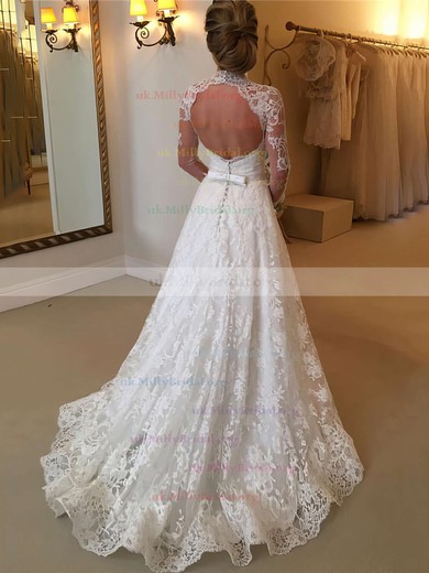 Open Back A-line High Neck Lace Sweep Train Sashes / Ribbons Long Sleeve Wedding Dresses #UKM00022590