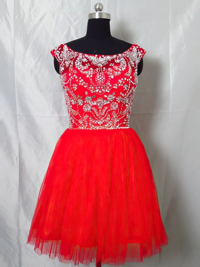 Red Tulle Scoop Neck Beading Cap Straps Short/Mini Prom Dresses #UKM020101404