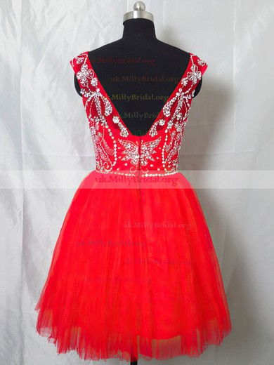 Red Tulle Scoop Neck Beading Cap Straps Short/Mini Prom Dresses #UKM020101404