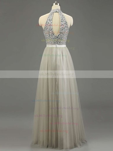 A-line High Neck Tulle Floor-length Beading Prom Dresses #UKM020101636