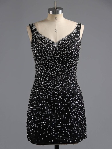 Sheath/Column V-neck Satin Tulle Short/Mini Beading Black Prom Dresses #ZPUKM02017081