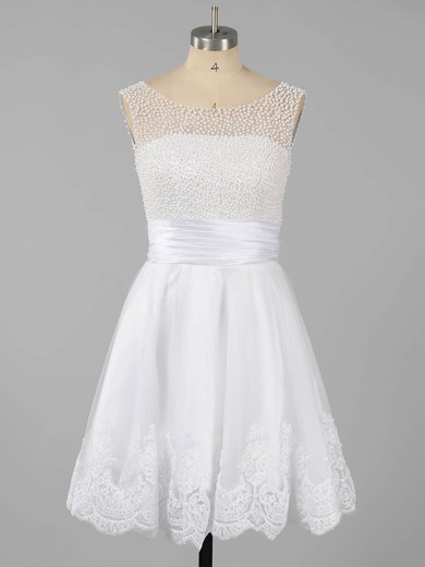 White A-line Scoop Neck Tulle Short/Mini Beading Backless Prom Dresses #ZPUKM02051621