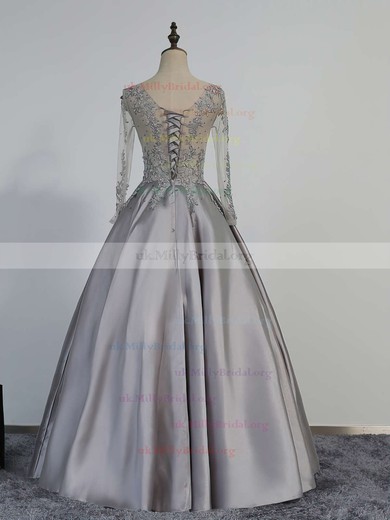 Ball Gown V-neck Satin Tulle Floor-length Beading Prom Dresses #UKM020102853