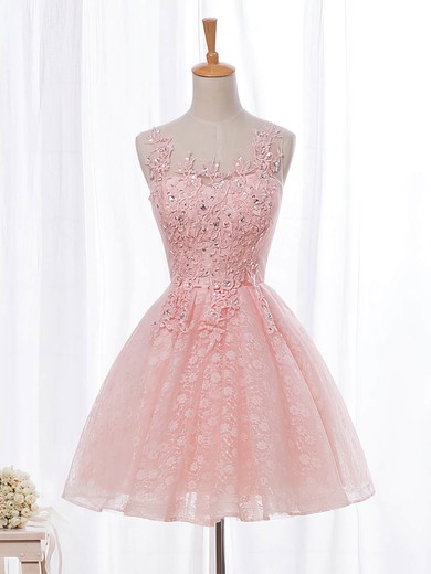 A-line Scoop Neck Lace Tulle with Beading Short/Mini Pretty Prom Dresses #UKM020102854