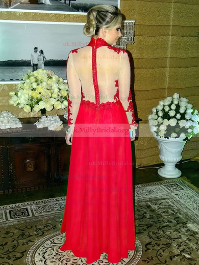 A-line High Neck Chiffon Floor-length Appliques Lace Prom Dresses #UKM020102880