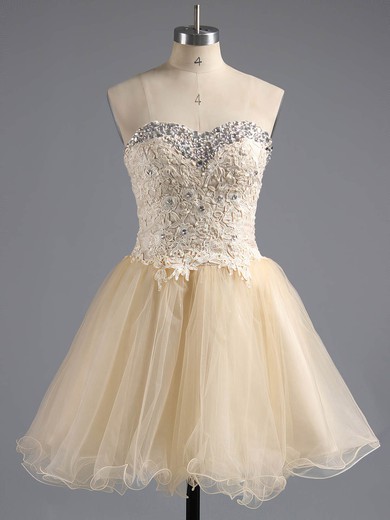 Ball Gown Sweetheart Tulle Short/Mini Appliques Lace Champagne Prom Dresses #ZPUKM02042380