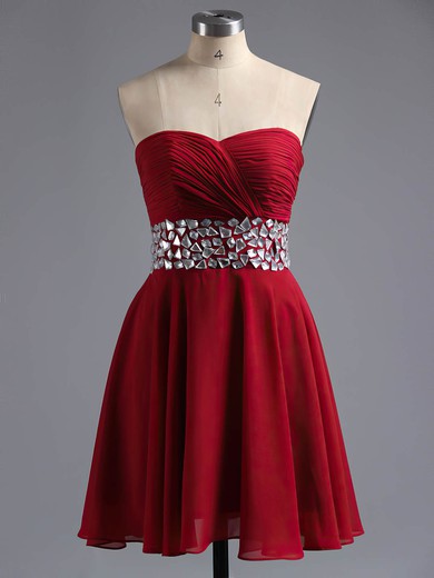 A-line Sweetheart Chiffon Short/Mini Crystal Detailing Burgundy Prom Dresses #ZPUKM02041948