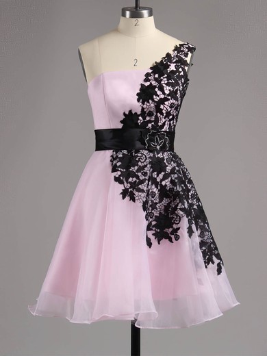 A-line One Shoulder Lace Chiffon Tulle Appliques Lace Short/Mini Prom Dresses #ZPUKM02042082