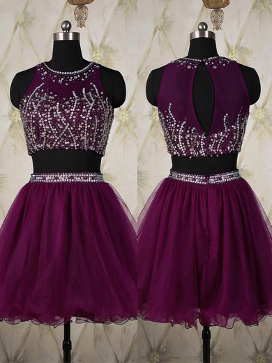 Scoop Neck Grape Tulle Short/Mini Crystal Detailing Two-pieces Prom Dress #UKM020101820