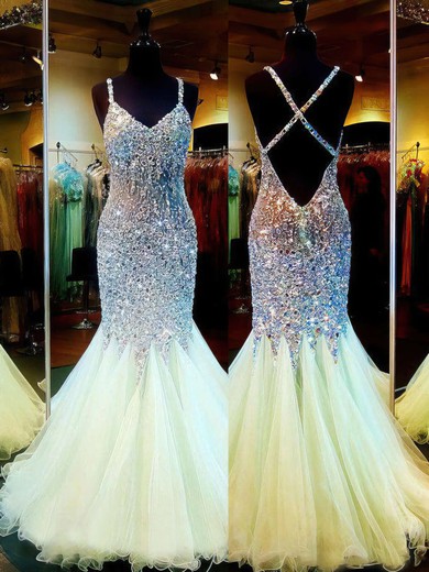 Trumpet/Mermaid V-neck Tulle Floor-length Crystal Detailing Prom Dresses #UKM020101840
