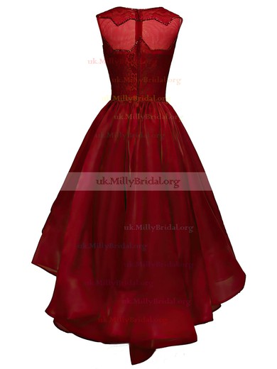 Latest A-line Scoop Neck Organza Lace with Sequins Asymmetrical Burgundy Prom Dresses #UKM020102825