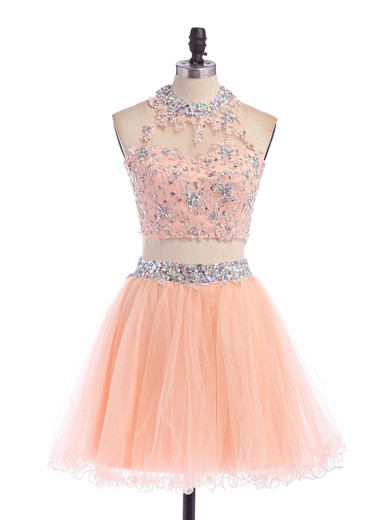 Scoop Neck Open Back Tulle Appliques Lace Short/Mini Two Piece Prom Dress #UKM020102152